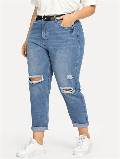 Plus Ripped Rolled Up Hem Jeans Shein Plus Size Mom Jeans Plus