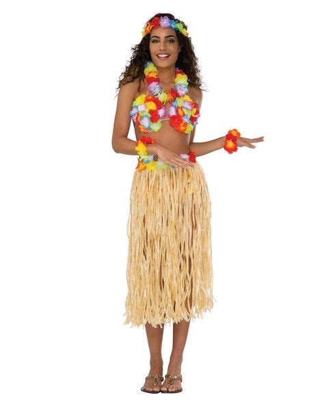Womens Hawaiian Hula Dancer Costume Kit With Straw Skirt Flower Bra Lei