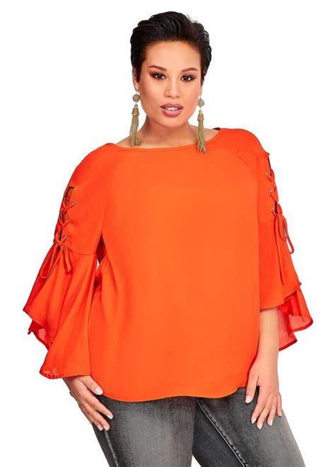 Top With Lace Up Flounce Sleeves Fashion Plus Size Shirts Pretty