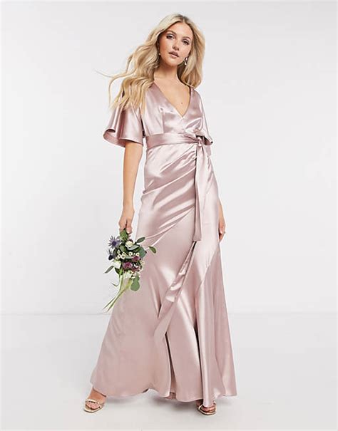 Asos Design Bridesmaid Satin Kimono Sleeve Maxi Dress With Panelled