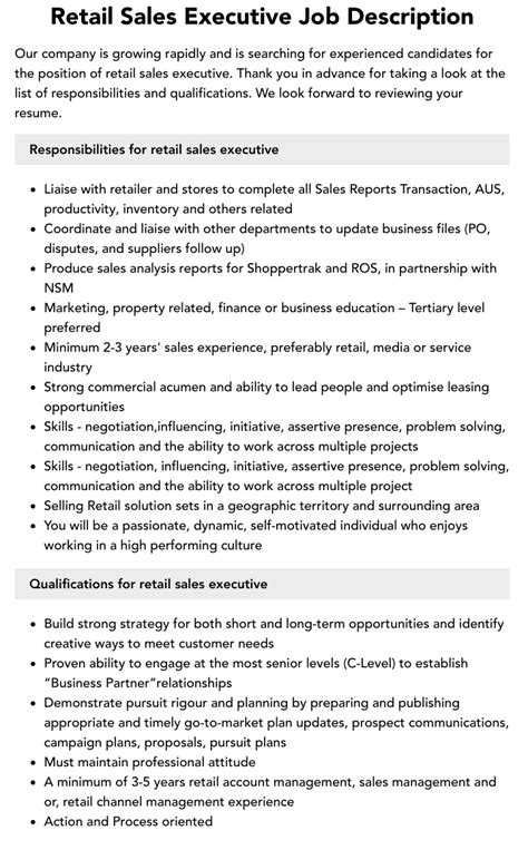 Retail Sales Executive Job Description Velvet Jobs
