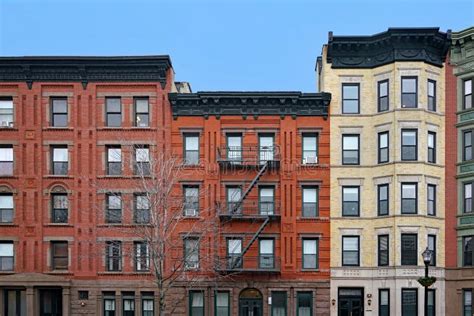 Old New York Apartment Buildings With Ornate Roof Line Cornice Stock