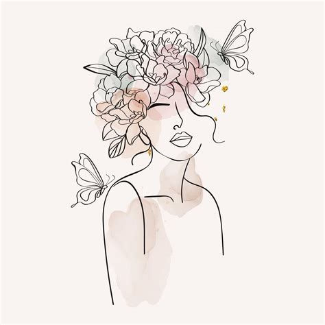 women and flowers line art girl with flowers and leaves one line vector drawing portrait