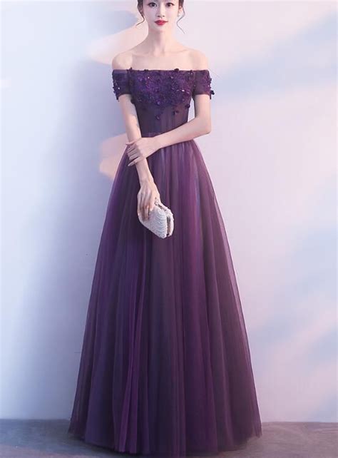 Lovely Off Shoulder Dark Purple Long Party Dress A Line Prom Dress