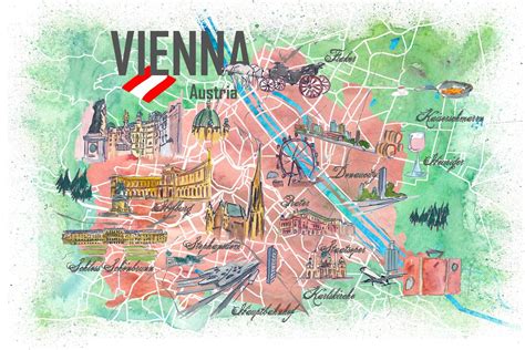 Vienna Austria Illustrated Map With Roads Landmarks And Highlights Fine