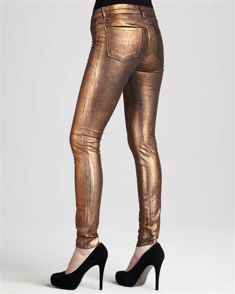 Lyst J Brand 801 Coated Metallic Bronze Skinny Jeans In Brown