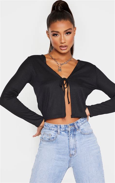 Black Rib Tie Front Crop Top Tops Prettylittlething
