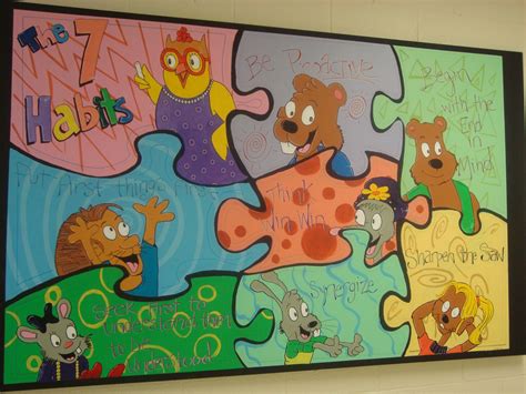 Art Teacher Painted A Collage Of The 7 Habits Characters Outside Front