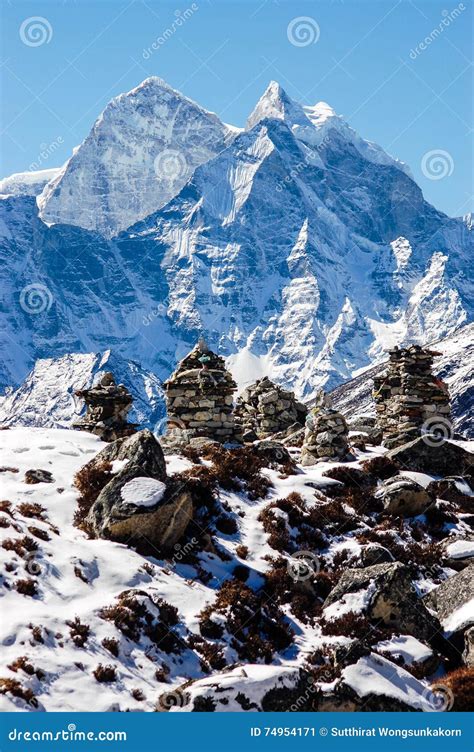 Stone Cairns With Snow Mountains In Himalayas Stock Image Image Of