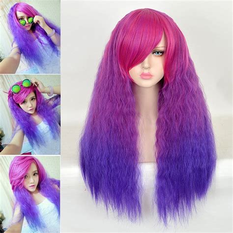 29 inches long curly purple and red ombre wigs colorful synthetic heat resistant cosplay wigs