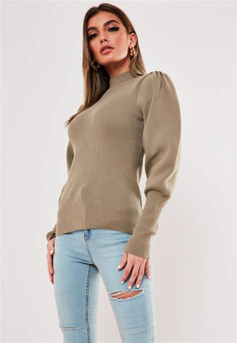 Taupe Rib High Neck Balloon Sleeve Jumper | Missguided