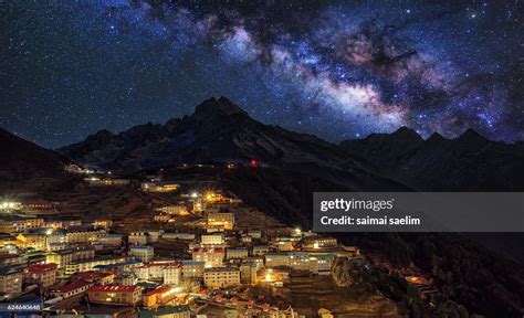 Colour Night Of The Sherpa Village Namche Bazar With Milky Way Over The