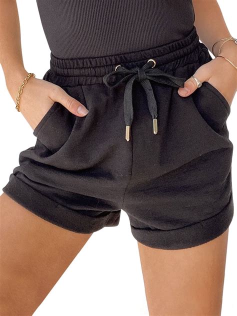 Starvnc Women Pockets Elastic Drawstring Waistband Cuffed Hem Solid Color Shorts