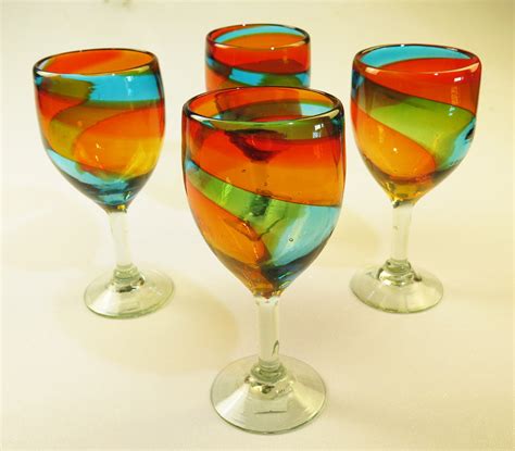 Wine Glasses Hand Blown 15oz Tricolor 4 Made In Mexico