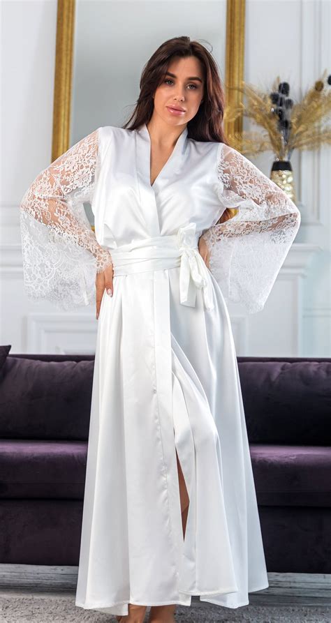 White Silk Kimono Long Satin Dressing Gown Lace Long Robe Etsy