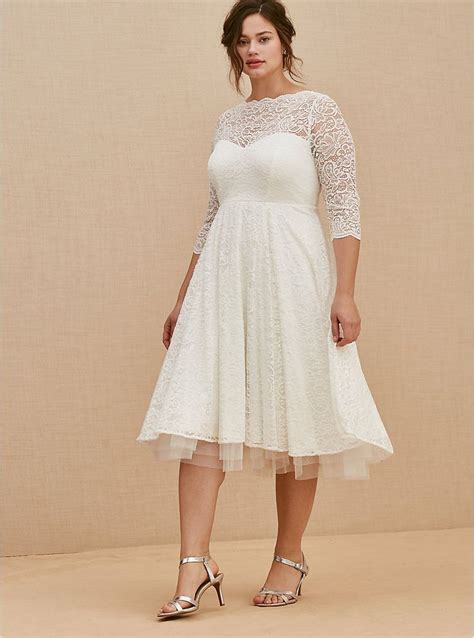 Ivory Lace Tea Length Wedding Dress Plus Size Wedding Gowns Tea