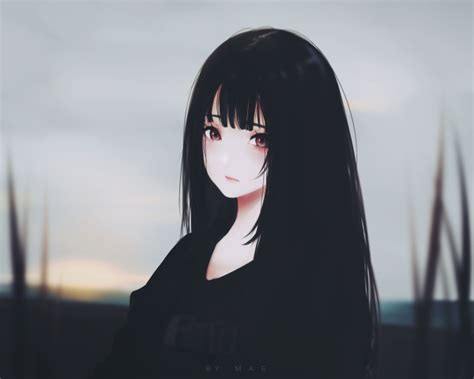 Wallpaper Anime Girl Black Hair Sad Expression Semi Realistic