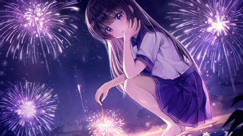 Fireworks Night School Uniform Hd Anime Girl Wallpapers Hd Wallpapers
