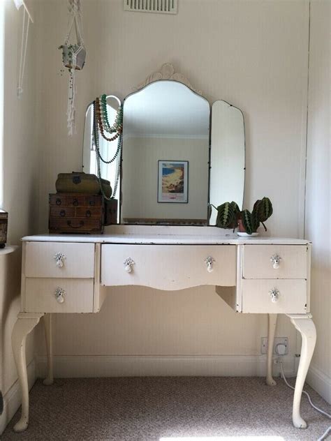 White Vintage Dressing Table With Drawers And Mirror Antique In