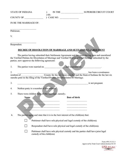 Indiana Decree Of Dissolution Of Marriage And Settlement Agreement With