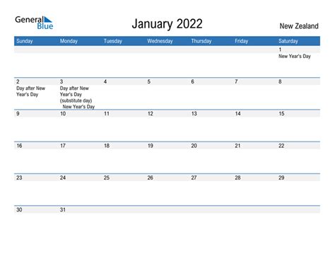 January 2022 Calendar With New Zealand Holidays
