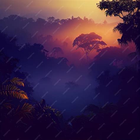 Premium Photo Beautiful Misty Jungle Forest Landscape At Sunset Or