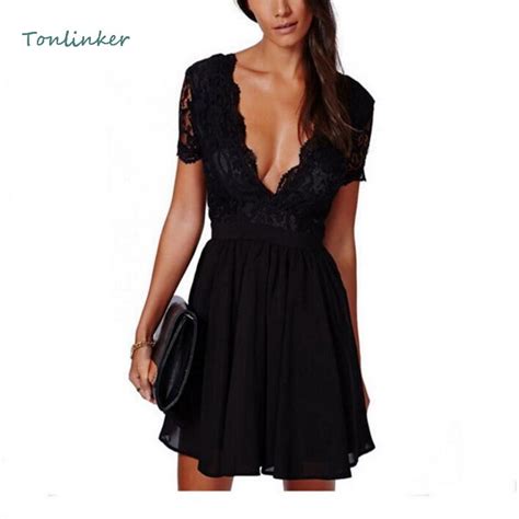 tonlinker sexy deep black deep v neck lace dress summer women s fashion black short sleeve
