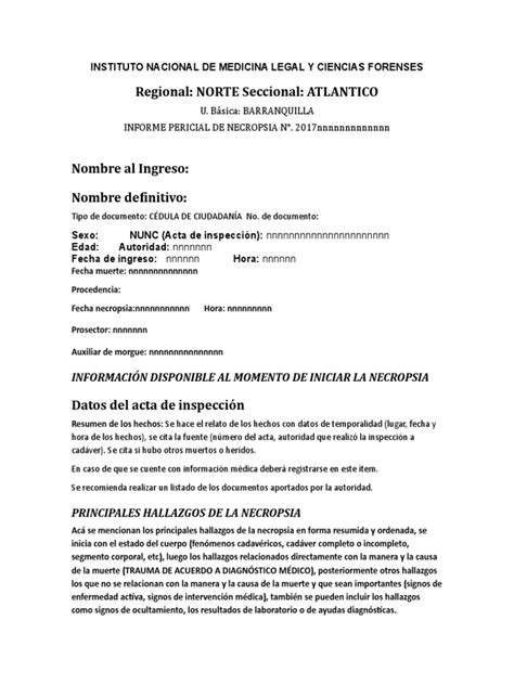 Formato Plantilla Informe Pericial De Necropsia Jurisprudencia Médica