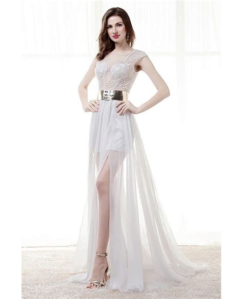 Different Sexy Sheer Prom Dress White With Slit For H