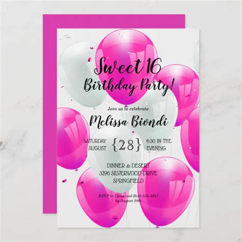 Pink Balloons Sweet 16th Birthday Party Invitation Zazzle