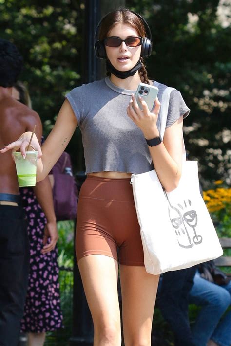 Kaia Gerber Shows Off Her Mile Long Legs In Brown Lycra Shorts While