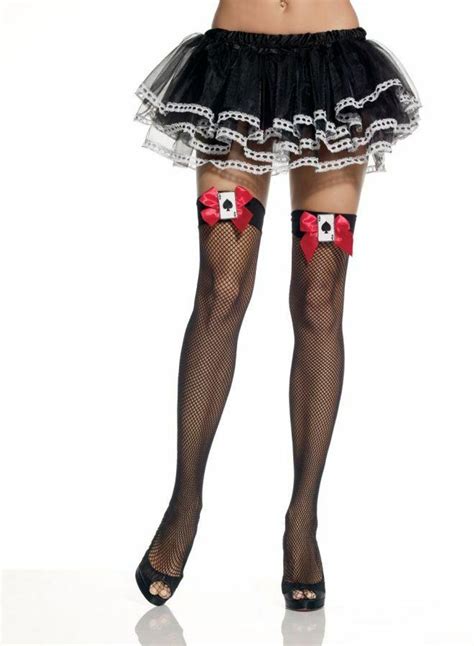Leg Avenue Black Fishnet Thigh Highs With Aces Bows