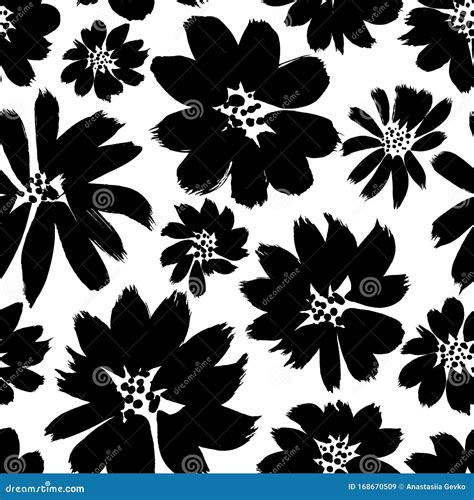 Ink Drawing Flowers Hand Drawn Seamless Pattern Black And White Ink