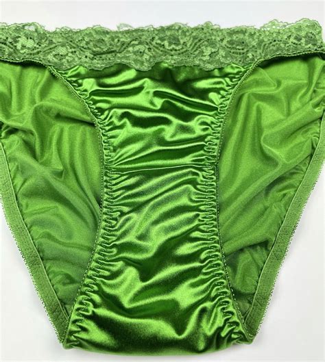 high cut satin panty · lace trim · green · s 5 gem
