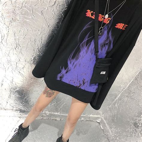 Itgirl Shop Aesthetic Clothing Black Flames Letters Print Oversized