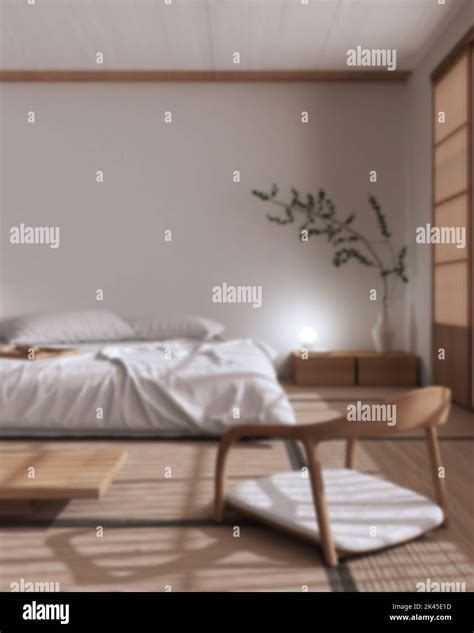 Blurred Background Japandi Bedroom Mock Up Bed With Pillows