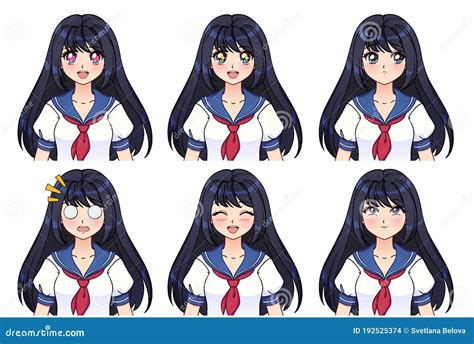 Set Of Anime Expressions Cute Girl With Long Black Hair Stock Vector