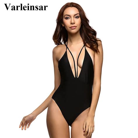 Buy Black Sexy Deep V Neck Low Back Backless Monokini 2018 One Piece Swimsuit