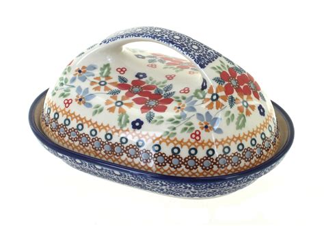 Blue Rose Polish Pottery Red Daisy Butter Dish