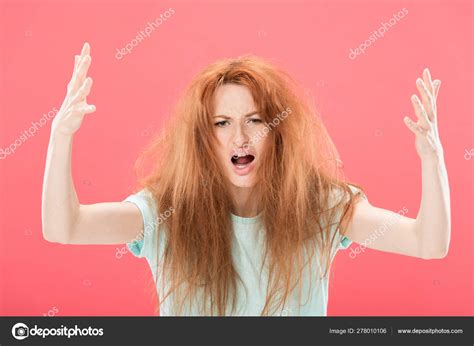 Angry Redhead Woman Tangled Hair Waving Hands Isolated Pink Stock Photo