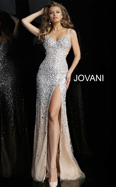 Jovani 59846 Nude Silver High Slit Open Back Prom Dress