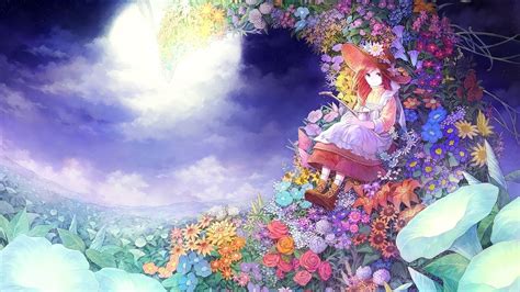 Wallpaper Flowers Anime Girls Looking At Viewer Sky Hat Sitting