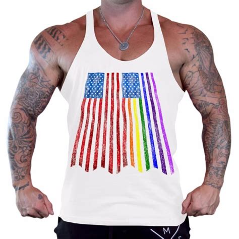 Mens Rainbow American Flag Workout Stringer Tank Top LGBT Gay Pride Gym