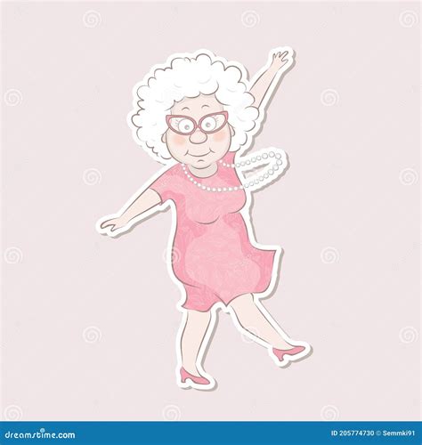 sticker old woman dancing happy character design vector illustration in cartoon style stock