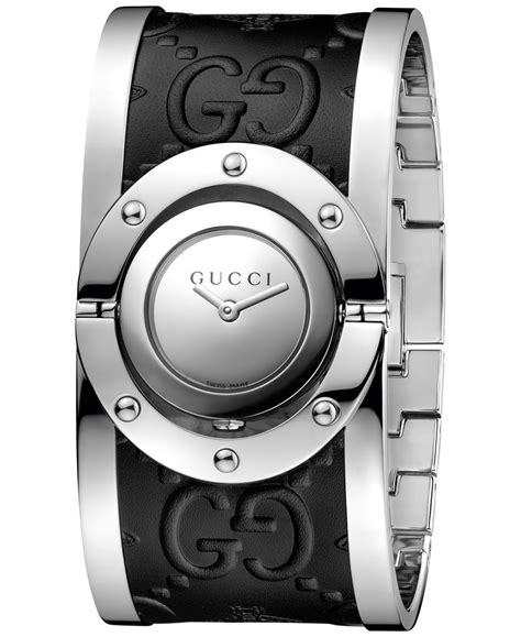 Gucci Womens Swiss Twirl Stainless Steel And Black Leather Bangle