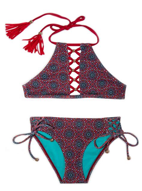 Girls Red 2 Piece Bikini Swimsuit Set With Gold Beads And Ringlets