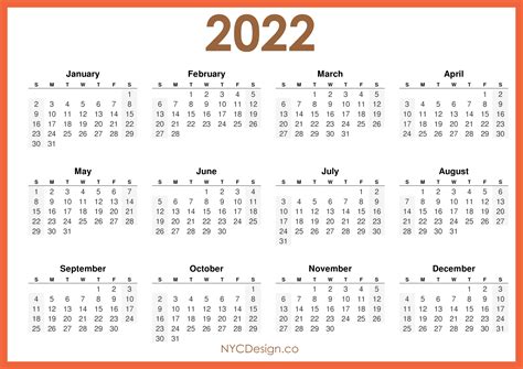 2022 Calendar Printable Free Horizontal Orange Hd Sunday Start