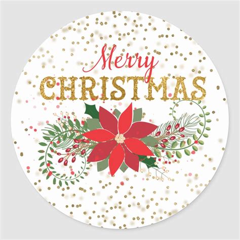 Merry Christmas Gold Glitter Poinsettia Classic Round Sticker Zazzle Christmas Topper
