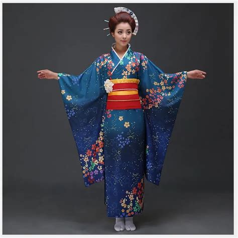 Buy High Quality Blue Japanese Women Kimono Dress Traditional Yukata With Obi
