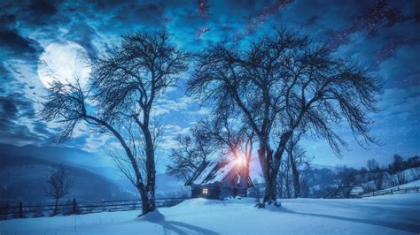 Winter Cabin Under A Fullmoon Image Id 245649 Image Abyss
